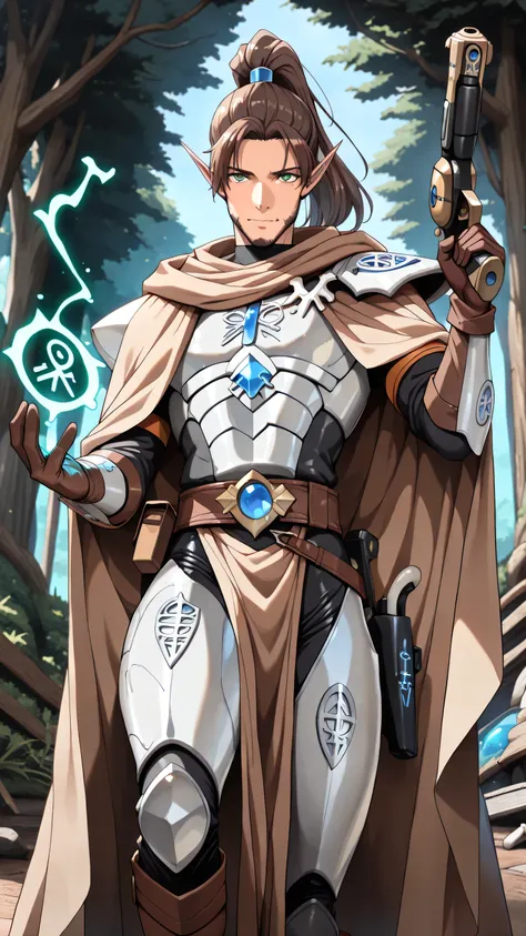 masterpiece, ultra-detailed, best quality, (1 boy, solo, male aeldari ranger, pointy elongated ears, (dark brown hair, high ponytail), brown facial hair, green eyes, slender physique, (bone-white wraithbone armor plates), round blue gem incrusted on the ar...