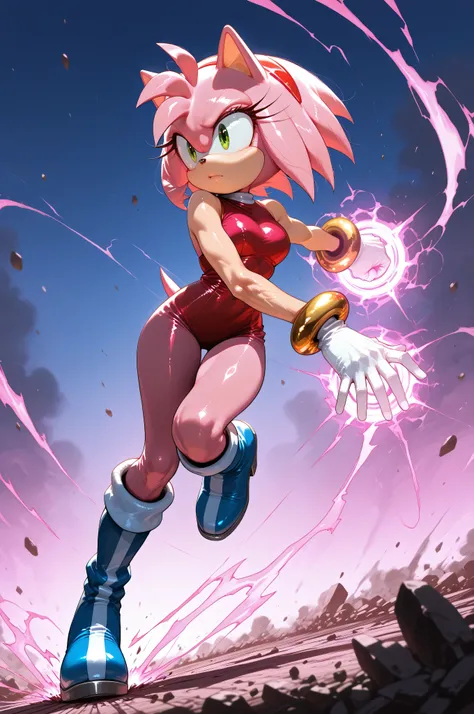 amy rose,furry female,pink fur,short hair,green eyes,pink hair,Shiny skin, A fierce pink-furred anthropomorphic hedgehog girl glowing with intense pink energy. He extends one hand forward as crackling electric-blue aura surrounds it, while debris rises fro...