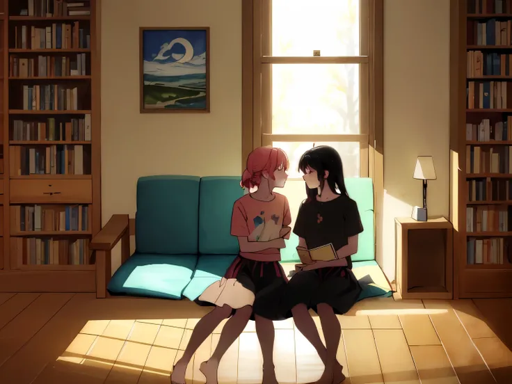 A philosophical and emotional artwork depicting two people having a deep, respectful dialogue. 
Their bodies sit in stillness, but swirling watercolor smoke rises from each figure, merging in the center as a soft golden light. 
The merging smoke contains f...