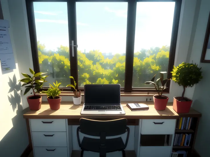 Quiet desk with soft light shining in。  
Only pale light is reflected on the open laptop screen、  
A notepad and pen are placed on the side。  
Coffee Cup Steam、Minimal foliage plants。  
「Time for conversation to put thoughts into words」Calm composition sym...