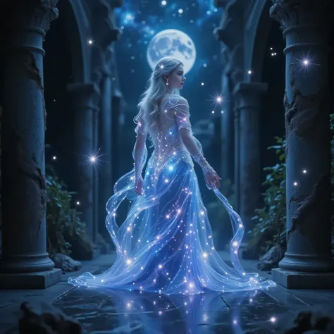 At the highest point of a once-glorious ruined castle,
a vast and weathered entrance hall stands open to the night.
Broken archways, moss-covered stone columns, and fractured marble floors whisper of an era long gone.
The cold night wind cuts through the g...