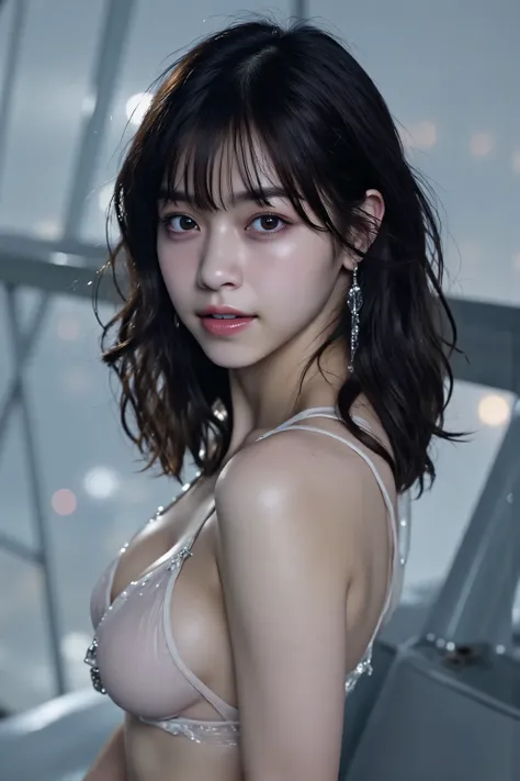 (((Midnight Future City Rooftop:2.0))),(((HR Gigger Style Cyberpunk Atmosphere:2.0))),one woman,(cute face:1.5),(Beautiful well-balanced face :1.7),((wavy black hair:2.0)),(Beautiful Eyes:1.3),glamorous shot of a 20-year-old Japanese woman,Beautiful Slende...