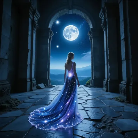 At the highest point of a once-glorious ruined castle,
a vast and weathered entrance hall stands open to the night.
Broken archways, moss-covered stone columns, and fractured marble floors whisper of an era long gone.
The cold night wind cuts through the g...