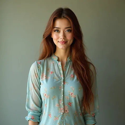 A realistic, high resolution photograph of a beautiful Asian woman in her 40's; full body frontal view facing the camera with her arms at her side, looking at the camera. There is extra space in the photo above her head. She has a lithe, hourglass, fashion...