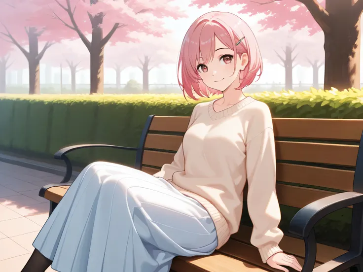 1 woman,pink hair,short hair,Hairpin,long skirt,sweater,bench,Smile,relaxed,High Quality,4K,Details Precise,HDR,Professional