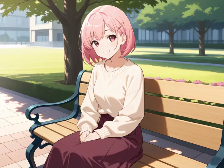 1 woman,pink hair,short hair,Hairpin,long skirt,sweater,bench,Smile,relaxed,High Quality,4K,Details Precise,HDR,Professional