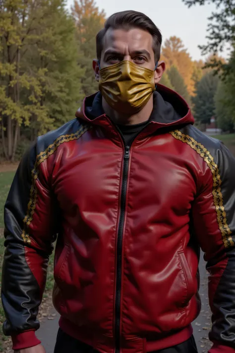 a wide angle portrait of Fluxbodybuilder weighing 280 pound 58 years old with moustache, dark hair, wearing a red and black AmyLthrsLcJkt with lace details along the sides of the trunk of the jacket that are yellow lace, the sleeves have gold lace detail, ...