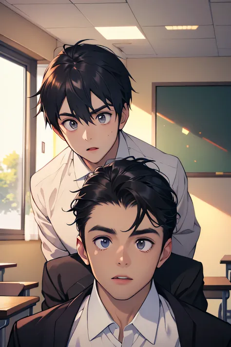 handsome　dark haired　Two adult males　　high school boys　uniform　　　 male teacher　　　The two are having a conversation　　classrooms　Make your face bigger　Two adult males