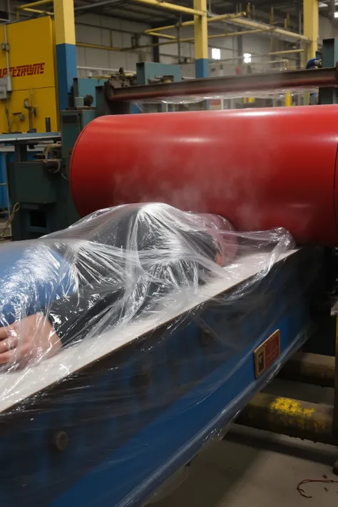 a 57 year old woman is covered in vacuum sealed plastic, the woman wears a black leather jacket and blue leather pants, the woman is sealed tightly laying flat on a conveyor belt, she is about to be crushed by a giant steaming red rubber roller in a factor...