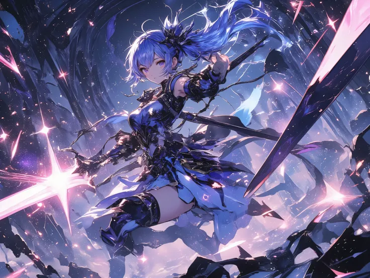 star、star、star、star空の背景に水墨画で描く、starが煌めく線画、High Quality、high image quality、Osmudging Outline、流れるstar、female adventurer wielding a super huge sword、dynamic depiction、precise depiction、starの輝度で表現、Accurate body structure