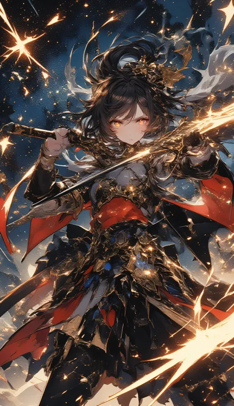 star、star、star、star空の背景、starが煌めく線画、High Quality、high image quality、流れるstar、A female adventurer wielding a super huge sword、dynamic depiction、precise depiction、starの輝度で表現、accurate body structure、Precise shining depiction、8K high resolution images 、accurate ...
