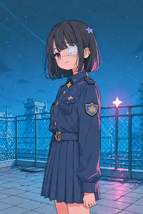 Girl with eyepatch、Rooftop at night、Shining Star、turns around and smiles、uniform、A ruined world
Composition that makes you feel like you're next to(1:6)、high image quality、High Resolution、4K