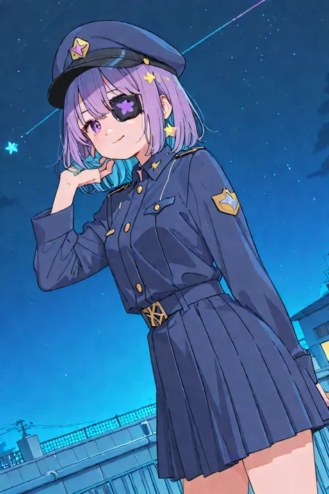 Girl with eyepatch、Rooftop at night、Shining Star、turns around and smiles、uniform、a devastated world、Dutch angle、Depths and streamlines、
composition like she's next to her(1:6)、high image quality、High Resolution、4K