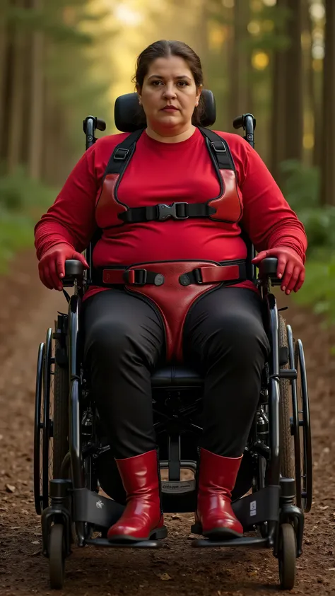 (A wide angle cinematic image taken at sunrise in a forest near a large log cabin :1.6) (cinematic lighting :1.4) (47 year old woman with large arms legs and a belly that bulges in her red long sleeve latex shirt :1.7) (wearing black rubber latex pants wit...
