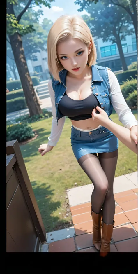 (One girl),  (Android 18), (Her body and eyes face forward), ((She sat on the steps of the driveway outside the building and lifts one side of her denim mini skirt)), ((Intentionally holding the hem of the skirt with the one hand and pushing it up)), ((Her...