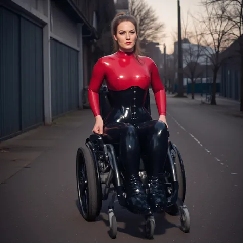 A cinematic portrait of a strong woman in her late 40s wearing glossy black latex leggings and a fitted red vinyl corset, seated in a modern wheelchair with intricate leather padded wheelchair harness, in a misty urban park at dawn with dramatic backlighti...