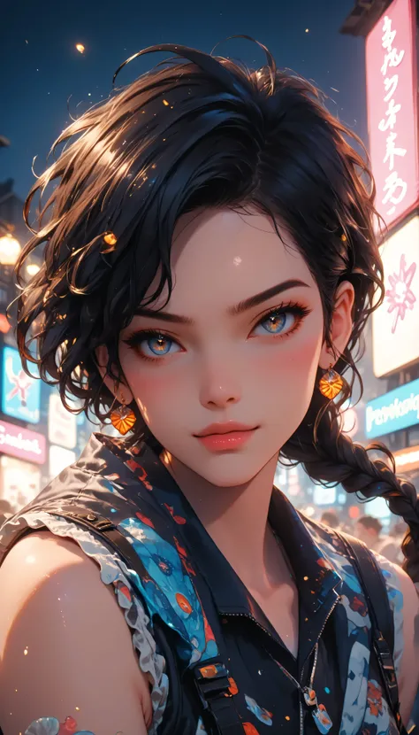 The girl shoots her big gun while releasing blue braids that wave in the wind, surrounded by bright neon lights.