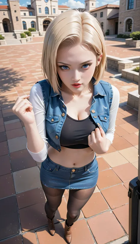 (One girl),  (Android 18), (Her body and eyes face forward), ((She sat on the steps of the driveway outside the building and lifts one side of her denim mini skirt)), ((Intentionally holding the hem of the skirt with the one hand and pushing it up)), ((Her...