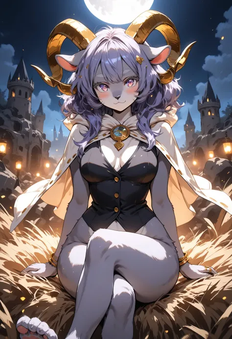 [sybil], [pseudoregalia], ((masterpiece)), ((HD)), ((high res)), ((solo portrait)), ((feet visible)), ((front view)), ((detailed fur)), ((cute cartoon aesthetic)), ((detailed shading)), {(anthro goat woman), (athletic figure), (grey body fur), (black nose)...