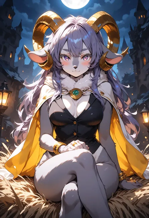 [sybil], [pseudoregalia], ((masterpiece)), ((HD)), ((high res)), ((solo portrait)), ((feet visible)), ((front view)), ((detailed fur)), ((cute cartoon aesthetic)), ((detailed shading)), {(anthro goat woman), (athletic figure), (grey body fur), (black nose)...