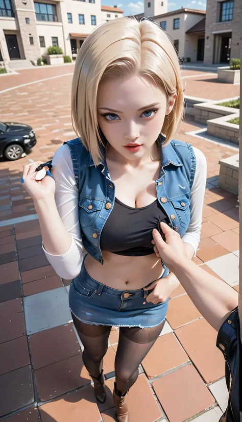 (One girl),  (Android 18), (Her body and eyes face forward), ((She sat on the steps of the driveway outside the building and lifts one side of her denim mini skirt)), ((Intentionally holding the hem of the skirt with the one hand and pushing it up)), ((Her...