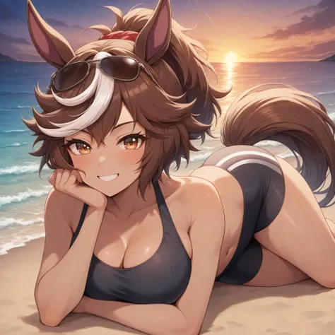 anime, lazypos, masterpiece, high contrast, vibrant colors, high contrast, at beach, night, night time, vibrant, 1girl, tomoe umari, aviator sunglasses, bike shorts, brown eyes, brown hair, crop top, dark-skinned female, dark skin, hair ears, horse girl, h...