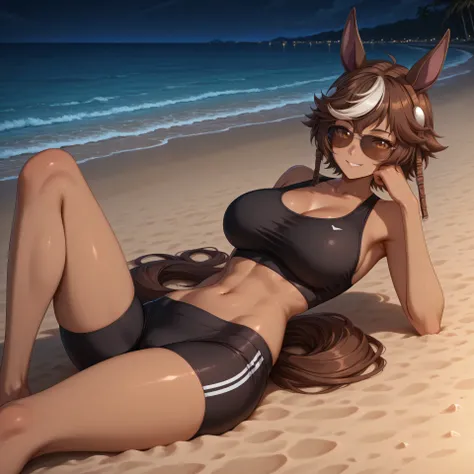 anime, lazypos, masterpiece, high contrast, vibrant colors, high contrast, at beach, night, night time, vibrant, 1girl, tomoe umari, aviator sunglasses, bike shorts, brown eyes, brown hair, black sports bra, dark-skinned female, dark skin, hair ears, horse...