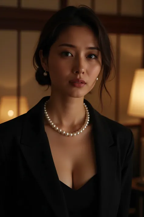 (top quality、greatest masterpiece、8k、best image quality、winning works)、(beautiful 40 year old mature woman:1.4)、  perfect and beautiful composition     、(Black Long Sleeve Jacket:1.2)、(black U-neck inner shirt:1.3)、(cleavage:1.2)、Wrinkled Old Face、big boob...