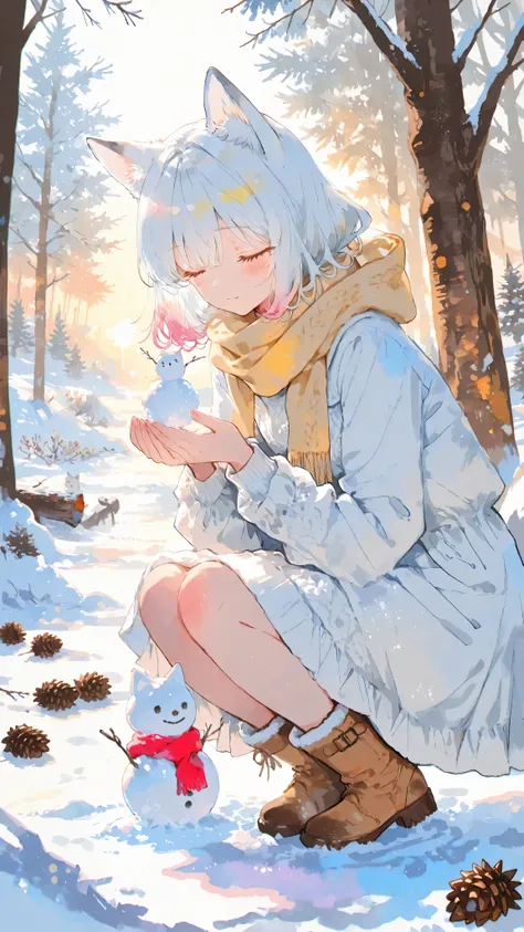 chef-d'œuvre, rendu avec maîtrise, (silhouettes claires), colorful illustration emphasizing doux, muted winter hues with doux yellow accents, composition aérienne et fantaisiste, peinture à l'aquarelle avec un léger débordement de couleur.
a small white f...