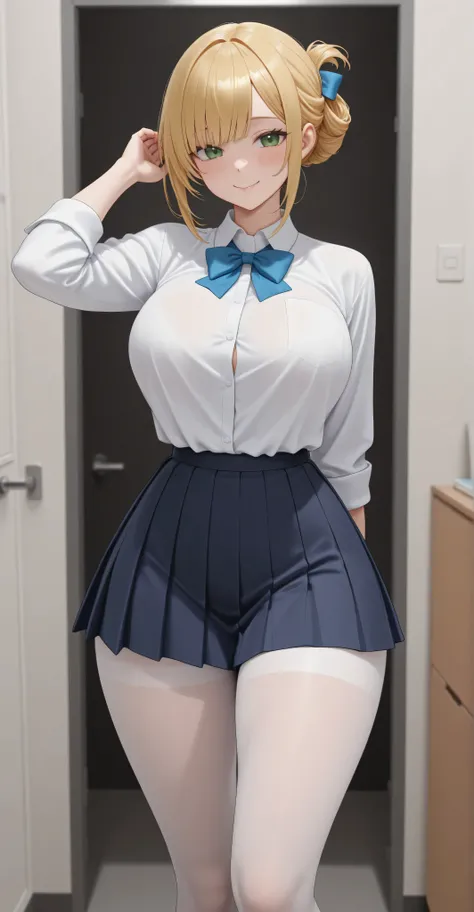 a girl. piel clara. green eyes. golden blonde hair. Bob hairstyle bangs. round face. She is very beautiful and has a kind personality and a slight smile. She wears a white school shirt with a pink pleated miniskirt with white tights. he has wide hips, thig...