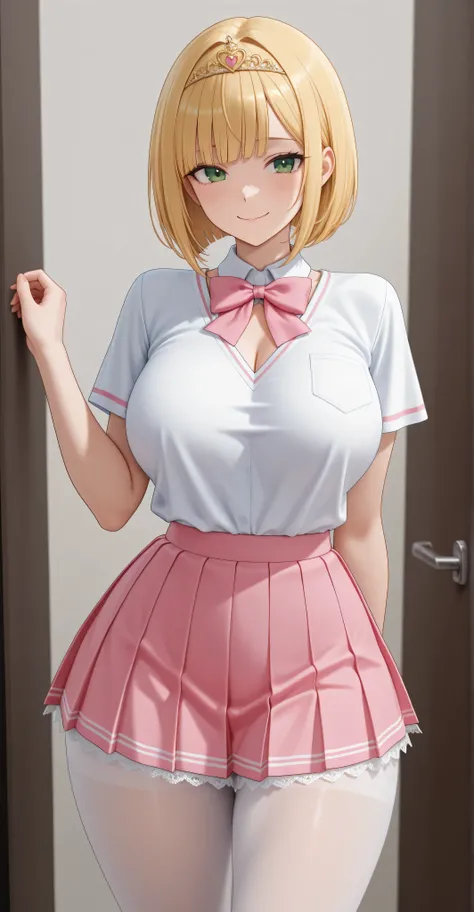 a girl. piel clara. green eyes. golden blonde hair. bob cut bangs. diadema rosA. round face. She is very beautiful and has a kind personality and a slight smile. She wears a white school shirt, short sleeve, V-neck, ((pink pleated miniskirt:1.5,)) with whi...