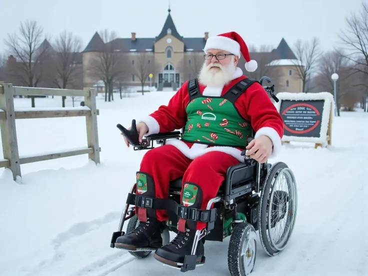 a fat elderly Santa Claus in a powered wheelchair with a thick green neoprene padded wheelchair harness with candy canes printed on it, wearing a hip belt colored red and white, wearing ankle restraints that are green and have jingle bells on leather tassl...