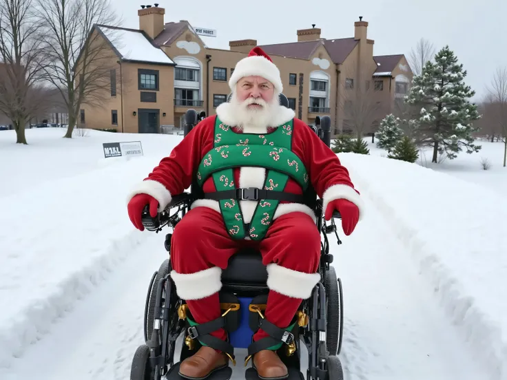a fat elderly Santa Claus in a powered wheelchair with a thick green neoprene padded wheelchair harness with candy canes printed on it, wearing a hip belt colored red and white, wearing ankle restraints that are green and have jingle bells on leather tassl...