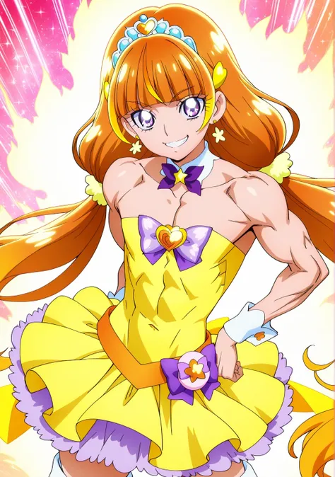 傑作、best quality、best resolution、best image quality、amazing quality、 very aesthetic、 absurdres、anime coloring、anime screencap、anime screenshot、1boy、cure twinkle is a boy warrior、(male:1.6)、official anime style、boy is wearing a yellow strapless dress、orange ...