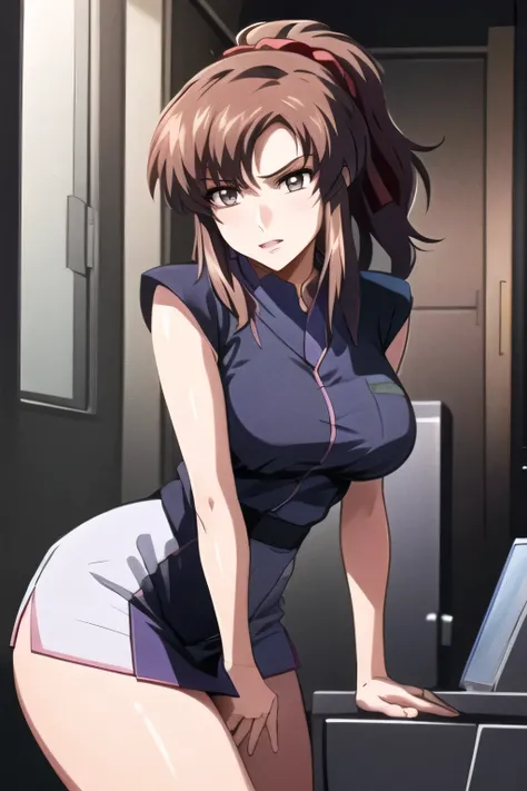 Please draw a very angry expression delicately, Blue and white military costume,sleeveless,,sleeveless超巨乳軍事ユニフォーム,miniskirt,,, I'm on the bridge of a spaceship,,Please delicately draw a frustrated and angry expression,,,woman with pink ponytail hair,Nice S...