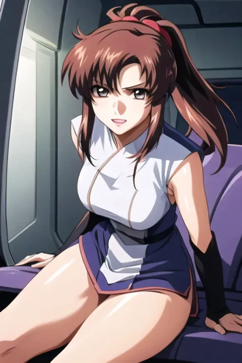 Please draw a very angry expression delicately, Blue and white military costume,sleeveless,,sleeveless超巨乳軍事ユニフォーム,miniskirt,,, I'm on the bridge of a spaceship,,Please delicately draw a frustrated and angry expression,,,woman with pink ponytail hair,Nice S...