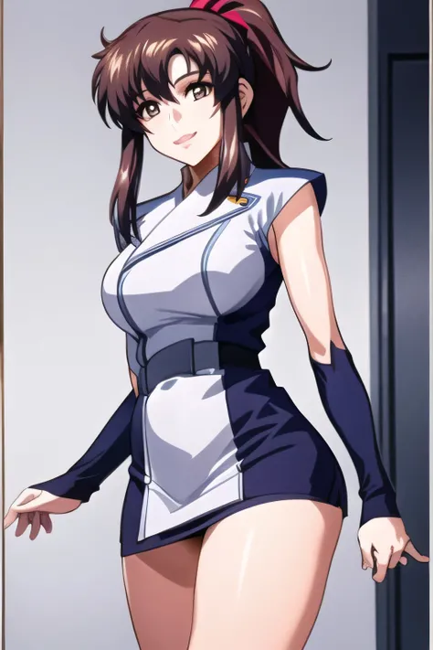 Blue and white military costume,sleeveless,,sleeveless超巨乳軍事ユニフォーム,miniskirt,,, I'm on the bridge of a spaceship,,smiling Yang ,,woman with pink ponytail hair,Nice smiling Yang g ,amazing thighs,miniskirt,,beautiful legs,,Can you draw a picture of a woman ...