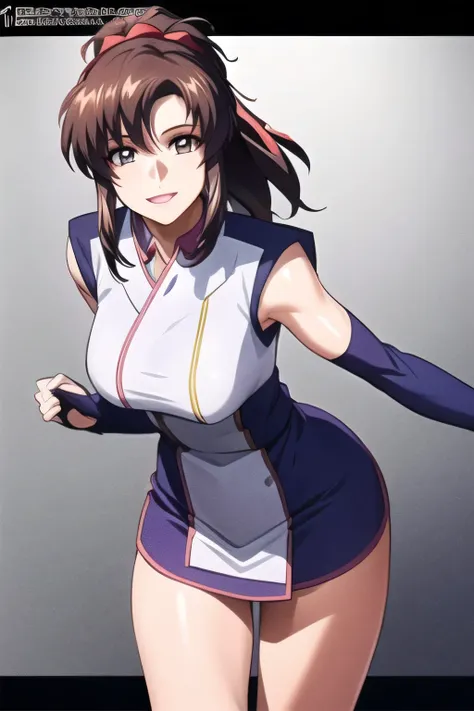 Blue and white military costume,sleeveless,,sleeveless超巨乳軍事ユニフォーム,miniskirt,,, I'm on the bridge of a spaceship,,smiling Yang ,,woman with pink ponytail hair,Nice smiling Yang g ,amazing thighs,miniskirt,,beautiful legs,,Can you draw a picture of a woman ...