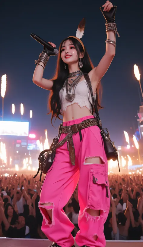 Masterpiece, Top quality, extremely detailed, Jiyeon_oc:1.2, photorealistic, 8k, cinematic lights, Hand-held camera, Cowboy shot, Dynamic angle capturing a Korean female hip-hop artist 'Jiyeon' performing live on an outdoor night concert stage. Slight side...