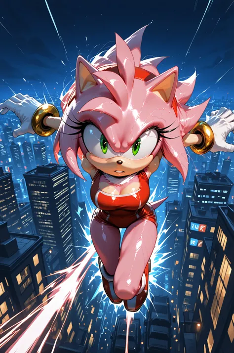 amy rose,furry female,pink fur,short hair,green eyes,pink hair,Shiny skin,power surge,run,high speed,Dynamic,night view,City,lights flashing,Ambilight
