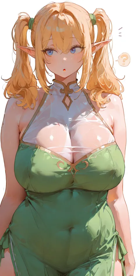 masterpiece, Best Quality, great quality,great details,8K,beautiful body ratio, solo,girl, , blonde busty elf princess, twintail hairstyle, big breasts, curious gaze, blue eyes, covered cleavage,, fully clothed, elf dress, sfw, correct eyes, short and chu...