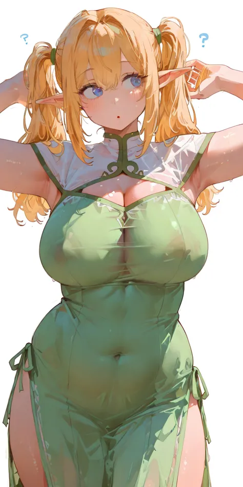 masterpiece, Best Quality, great quality,great details,8K,beautiful body ratio, solo,girl, , blonde busty elf princess, twintail hairstyle, big breasts, curious gaze, blue eyes, covered cleavage,, fully clothed, elf dress, sfw, correct eyes, short and chu...