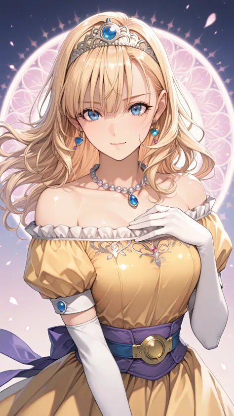 (ultra detailed),Upper Body Up、Prairie
(masterpiece),(best quality),Anime 、pastel color,Anime,shiny skin,Dragon Quest,Lola,Princess,letter detailed beautiful blonde hair,long hair,curl hair,Blunt Bang,bangs between eyes,Tiara,hair ornament,floating hair、be...