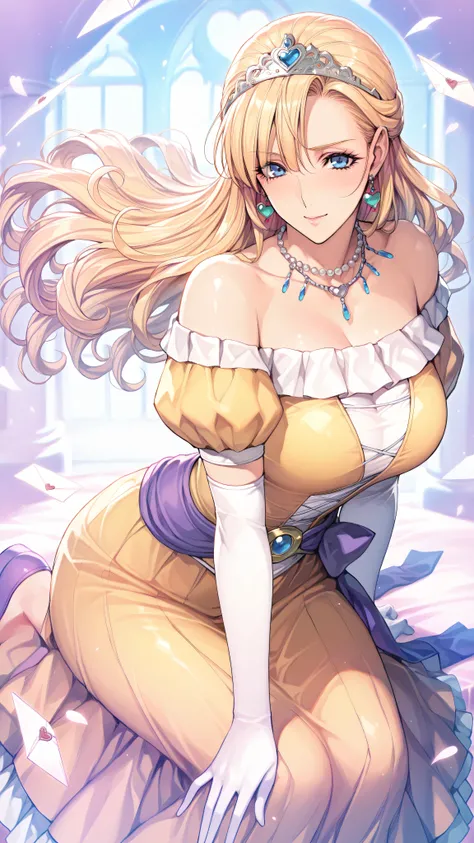 (ultra detailed),Upper Body Up、Prairie
(masterpiece),(best quality),Anime 、pastel color,Anime,shiny skin,Dragon Quest,Lola,Princess,letter detailed beautiful blonde hair,long hair,curl hair,Blunt Bang,bangs between eyes,Tiara,hair ornament,floating hair、be...