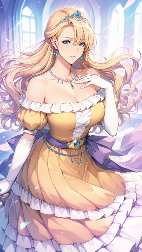 (ultra detailed),Upper Body Up、Prairie
(masterpiece),(best quality),Anime 、pastel color,Anime,shiny skin,Dragon Quest,Lola,Princess,letter detailed beautiful blonde hair,long hair,curl hair,Blunt Bang,bangs between eyes,Tiara,hair ornament,floating hair、be...