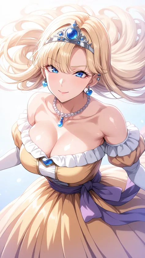 (ultra detailed),Upper Body Up、Prairie
(masterpiece),(best quality),Anime 、pastel color,Anime,shiny skin,Dragon Quest,Lola,Princess,letter detailed beautiful blonde hair,long hair,curl hair,Blunt Bang,bangs between eyes,Tiara,hair ornament,floating hair、be...