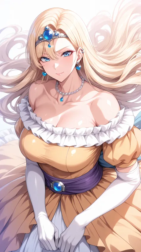 (ultra detailed),Upper Body Up、Prairie
(masterpiece),(best quality),Anime 、pastel color,Anime,shiny skin,Dragon Quest,Lola,Princess,letter detailed beautiful blonde hair,long hair,curl hair,Blunt Bang,bangs between eyes,Tiara,hair ornament,floating hair、be...