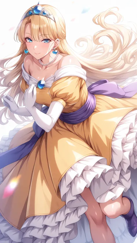 (ultra detailed),Upper Body Up、Prairie
(masterpiece),(best quality),Anime 、pastel color,Anime,shiny skin,Dragon Quest,Lola,Princess,letter detailed beautiful blonde hair,long hair,curl hair,Blunt Bang,bangs between eyes,Tiara,hair ornament,floating hair、be...