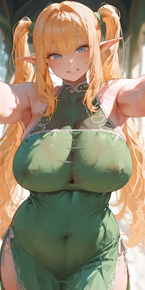 masterpiece, Best Quality, great quality,great details,8K,beautiful body ratio, solo,girl, , blonde busty elf princess, twintail hairstyle, big breasts, happy gaze, big smile, double peace, blue eyes, covered cleavage,, fully clothed, elf dress, sfw, corr...