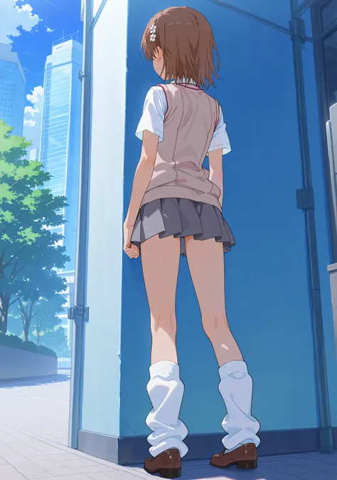 (((misaka miloto)))、hair flower、small breasts、1 girl、from behind、backshot、white shirt、short sleeves、sweater vest、tokiwadai school uniform、grey skirt、mini skirt、loose socks、white socks、facing away、standing、building、大きいマンションの前にいる、(full body shot)